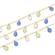 Load image into Gallery viewer, White Blue &amp; Green Chalcedony 8x12mm Cluster Rosary Chain Faceted Gold Plated Bezel Dangle Rosary 5FT
