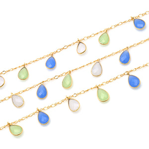 White Blue & Green Chalcedony 8x12mm Cluster Rosary Chain Faceted Gold Plated Bezel Dangle Rosary 5FT