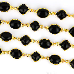 Black Onyx Cabochon 8-10mm Gold Plated  Wholesale Bezel Continuous Connector Chain