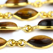 Load image into Gallery viewer, Tiger Eye Cabochon Marquise 6-12mm Gold Plated  Wholesale Bezel Continuous Connector Chain
