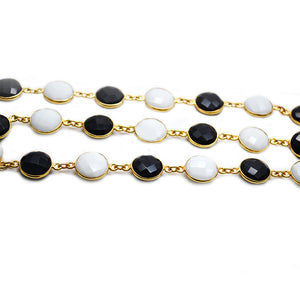 Black Onyx And White Agate Round 12mm Gold Plated Wholesale Connector Rosary Chain