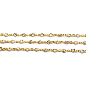 White Zircon Round 4mm Gold Plated  Wholesale Bezel Continuous Connector Chain