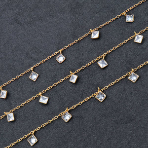 White Zircon 4mm Cluster Rosary Chain Faceted Gold Plated Bezel Dangle Rosary 5FT