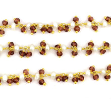 Load image into Gallery viewer, Garnet &amp; Pearl 2-2.5mm Cluster Rosary Chain Faceted Gold Plated Dangle Rosary 5FT
