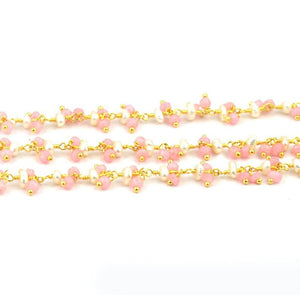 Rose Chalcedony & Pearl 2-2.5mm Cluster Rosary Chain Faceted Gold Plated Dangle Rosary 5FT