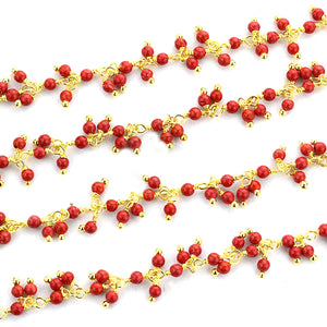 Red Coral 2-2.5mm Cluster Rosary Chain Faceted Gold Plated Dangle Rosary 5FT