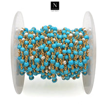 Load image into Gallery viewer, Turquoise With Silver Pyrite Faceted Bead Rosary Chain 3-3.5mm Gold Plated Bead Rosary 5FT
