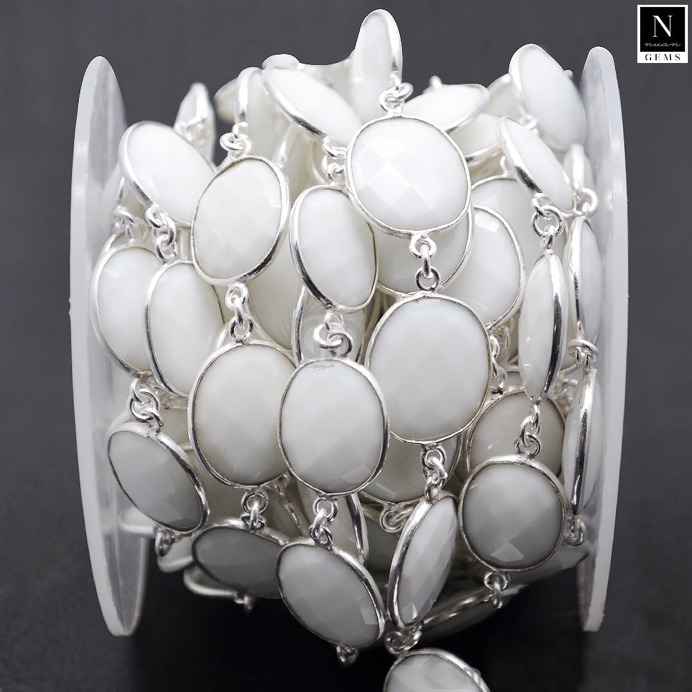 White Agate 10-15mm Oval Silver Plated Bezel Continuous Connector Chain