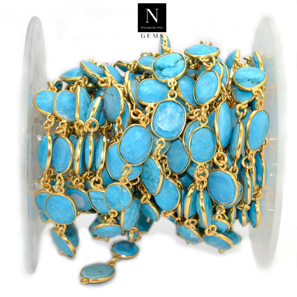 Turquoise 10-15mm Mix Faceted Shape Gold Plated Bezel Continuous Connector Chain