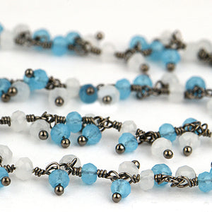 White & Blue Chalcedony Cluster Rosary Chain 2.5-3mm Faceted Oxidized Dangle Rosary 5FT
