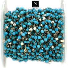 Load image into Gallery viewer, Turquoise With Silver Pyrite Faceted Bead Rosary Chain 3-3.5mm Oxidized Bead Rosary 5FT
