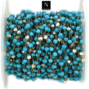 Turquoise With Silver Pyrite Faceted Bead Rosary Chain 3-3.5mm Oxidized Bead Rosary 5FT