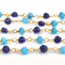 Load image into Gallery viewer, Turquoise and Lapis Faceted Bead Rosary Chain 3-3.5mm Gold Plated Bead Rosary 5FT
