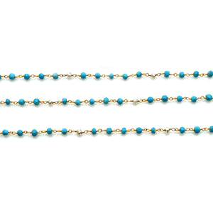 Turquoise With Silver Pyrite Faceted Bead Rosary Chain 3-3.5mm Gold Plated Bead Rosary 5FT