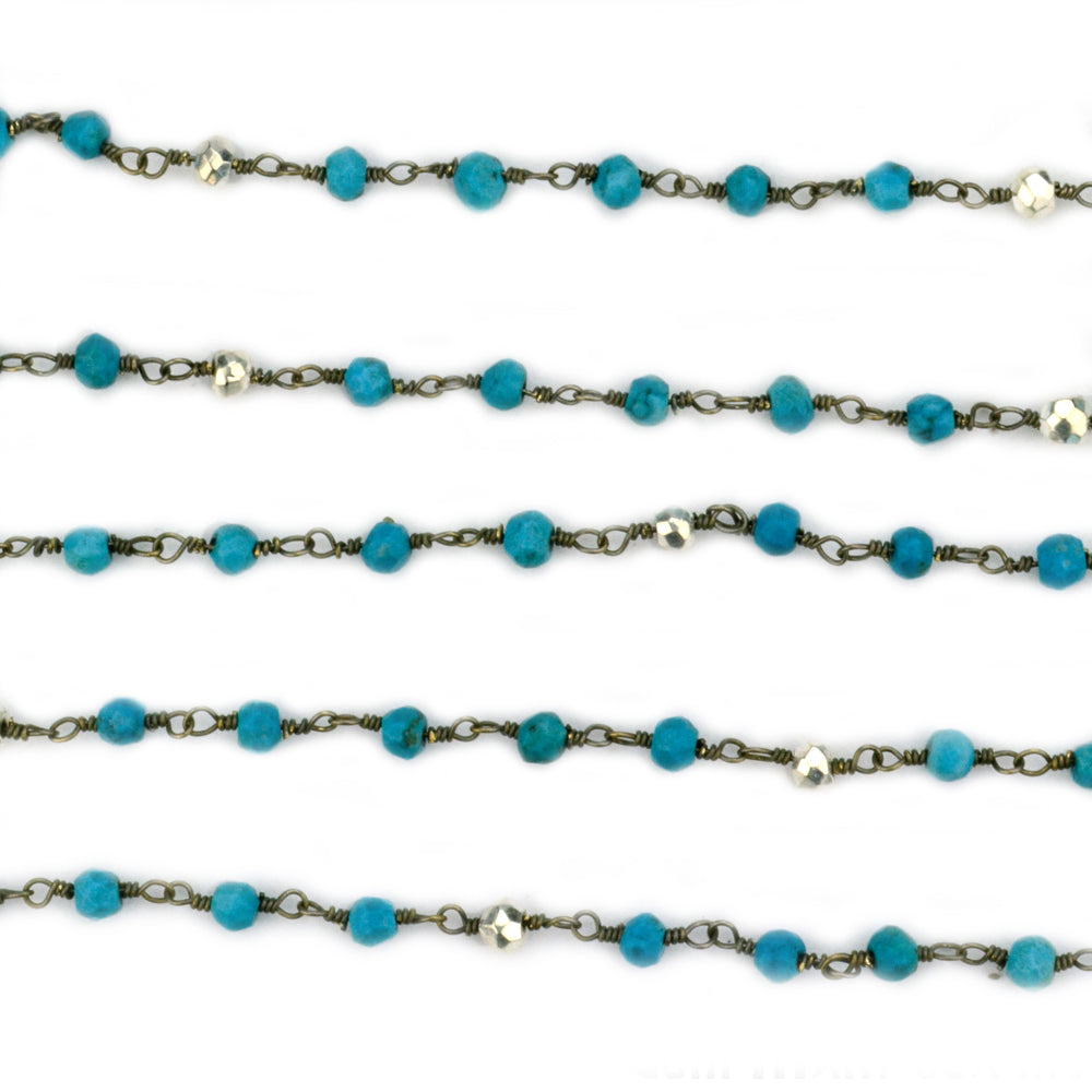 Turquoise With Silver Pyrite Faceted Bead Rosary Chain 3-3.5mm Oxidized Bead Rosary 5FT