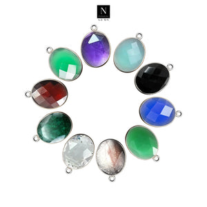 10pc Set Oval Birthstone Single Bail Silver Plated Bezel Link Gemstone Connectors 10x12mm