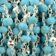 Load image into Gallery viewer, Turquoise With Silver Pyrite Faceted Bead Rosary Chain 3-3.5mm Silver Plated Bead Rosary 5FT
