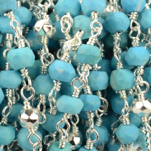 Turquoise With Silver Pyrite Faceted Bead Rosary Chain 3-3.5mm Silver Plated Bead Rosary 5FT