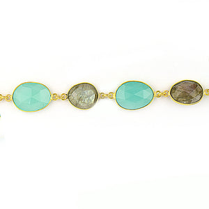 Labradorite With Aqua Chalcedony 10-15mm Mix Faceted Shape Gold Plated Bezel Continuous Connector Chain