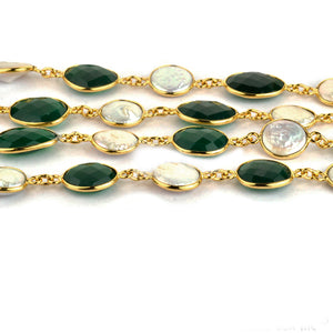 Green Onyx With Pearl 10-15mm Mix Faceted Shape Gold Plated Bezel Continuous Connector Chain