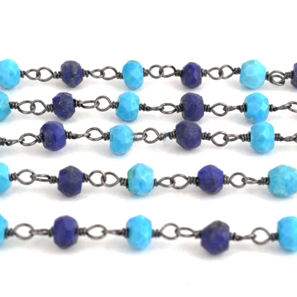 Turquoise With Lapis Faceted Bead Rosary Chain 3-3.5mm Oxidized Bead Rosary 5FT