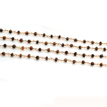 Load image into Gallery viewer, Tiger Eye Faceted Bead Rosary Chain 3-3.5mm Gold Plated Bead Rosary 5FT
