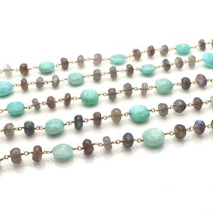 Labradorite 7-8mm With Amazonite 10-11mm Faceted Large Beads Gold Plated Rosary Chain