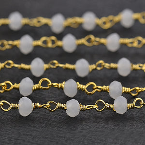 White Chalcedony Faceted Bead Rosary Chain 3-3.5mm Gold Plated Bead Rosary 5FT