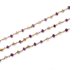 Amethyst & Golden Rutile Faceted Bead Rosary Chain 3-3.5mm Gold Plated Bead Rosary 5FT