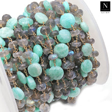 Load image into Gallery viewer, Labradorite 7-8mm With Amazonite 10-11mm Faceted Large Beads Gold Plated Rosary Chain
