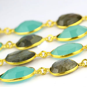 Labradorite With Aqua Chalcedony 10-15mm Mix Faceted Shape Gold Plated Bezel Continuous Connector Chain