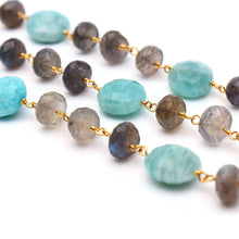 Load image into Gallery viewer, Labradorite 7-8mm With Amazonite 10-11mm Faceted Large Beads Gold Plated Rosary Chain
