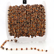 Load image into Gallery viewer, Tiger Eye Faceted Bead Rosary Chain 3-3.5mm Gold Plated Bead Rosary 5FT
