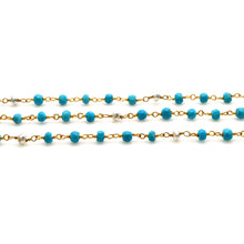 Load image into Gallery viewer, Turquoise With Silver Pyrite Faceted Bead Rosary Chain 3-3.5mm Gold Plated Bead Rosary 5FT
