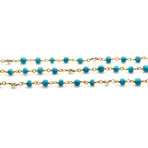 Turquoise With Silver Pyrite Faceted Bead Rosary Chain 3-3.5mm Gold Plated Bead Rosary 5FT